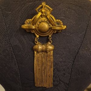 Antique Victorian brass hinge medallion scrolls fringe tassels brooch pin rare
